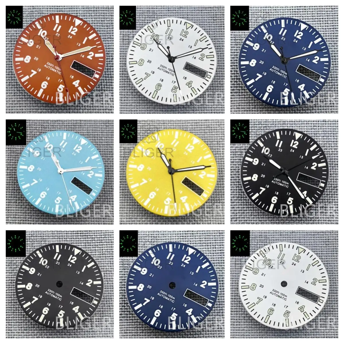 BLIGER 29mm Field Pilot Style NH36 Watch Dial Hand Set Dual Date Calendar Window Fit NH36 Movement Watches Parts  Accessories