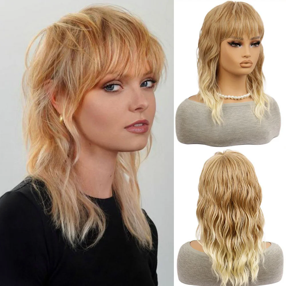 16inch Medium length gradient flush wig with bangs natural curly hair chemical fiber headgear cosplay headgear