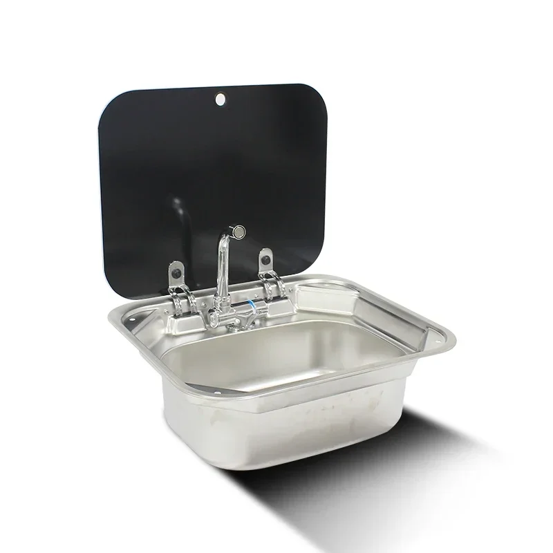 Camper RV Sink Single Hand Wash Basin Sink With Tempered Glass Lid 304 Stainless Steel For Caravan RV Boat Kitchen