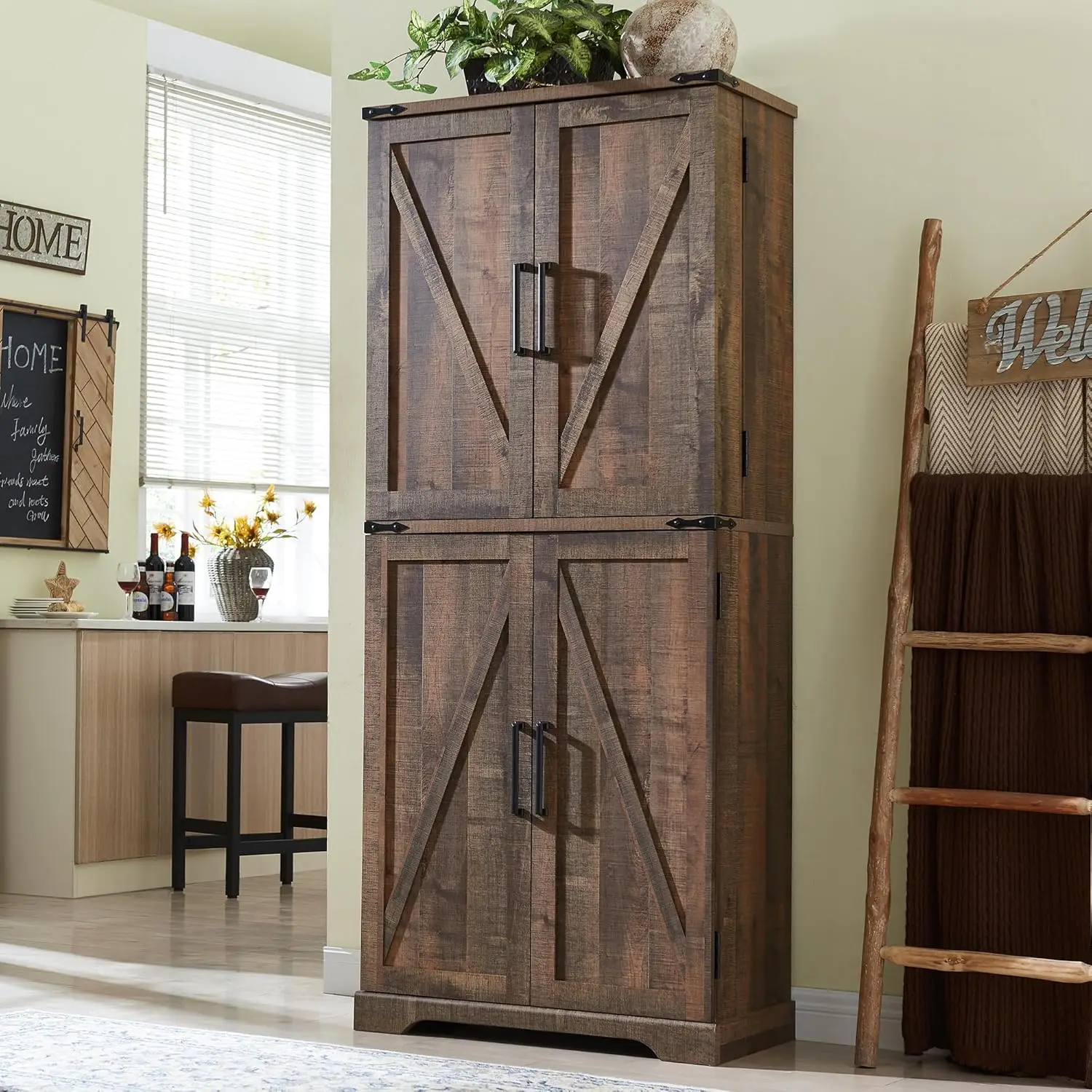 72" Tall Kitchen Pantry, Farmhouse Storage Cabinet with Barn Doors, Organizer, Drawer & Adjustable Shelves, Rustic Brown.