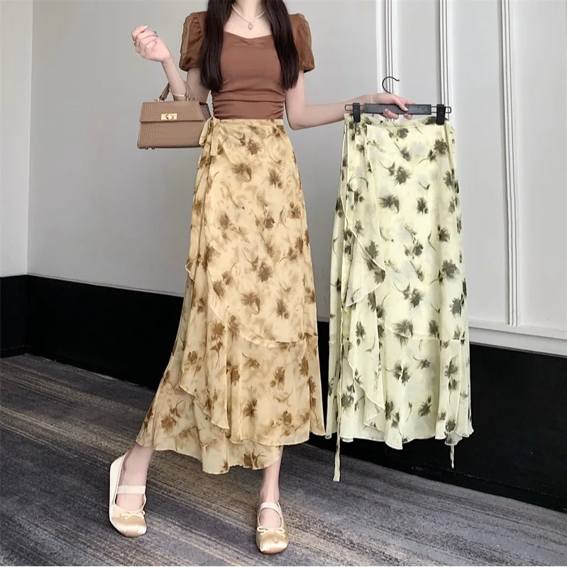 Floral Print Half-length Skirt Women Summer Beach Sun Protection Silkiness Polyester High-waist Midi Wrap-around Chiffon Skirt