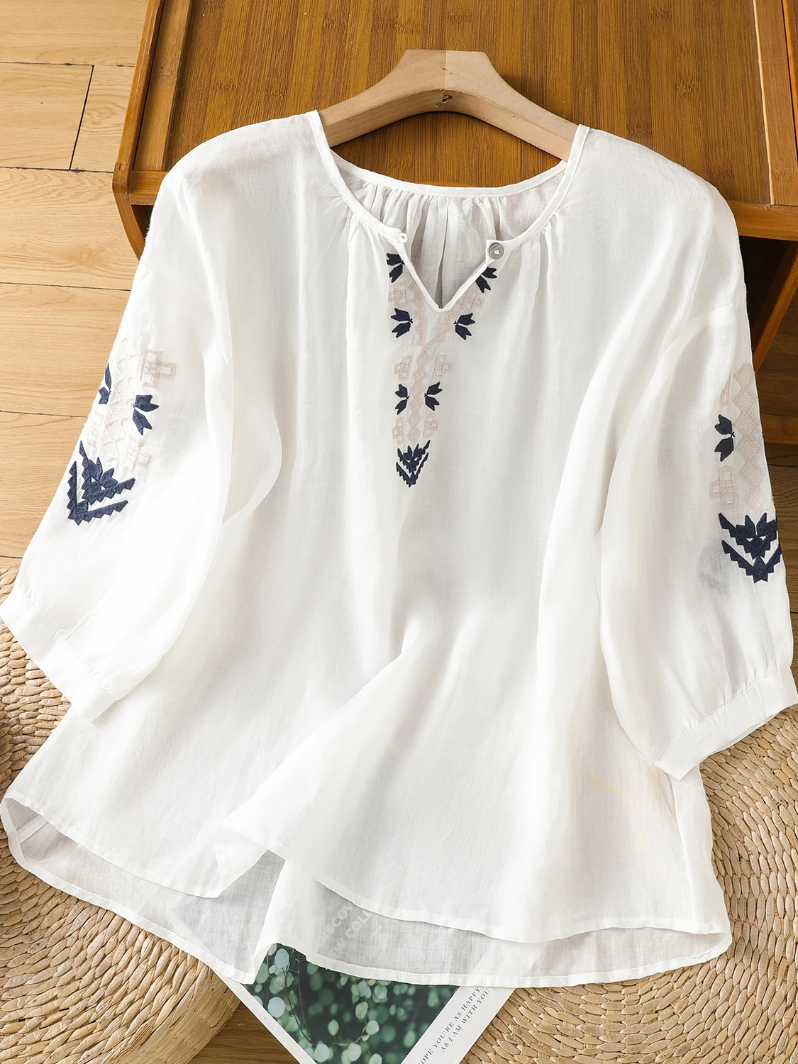 

Свободный крой, летняя новинка, льняная одежда с вышивкой, женская круглая Ne mid Sve, кондиционер для похудения, защита от солнца