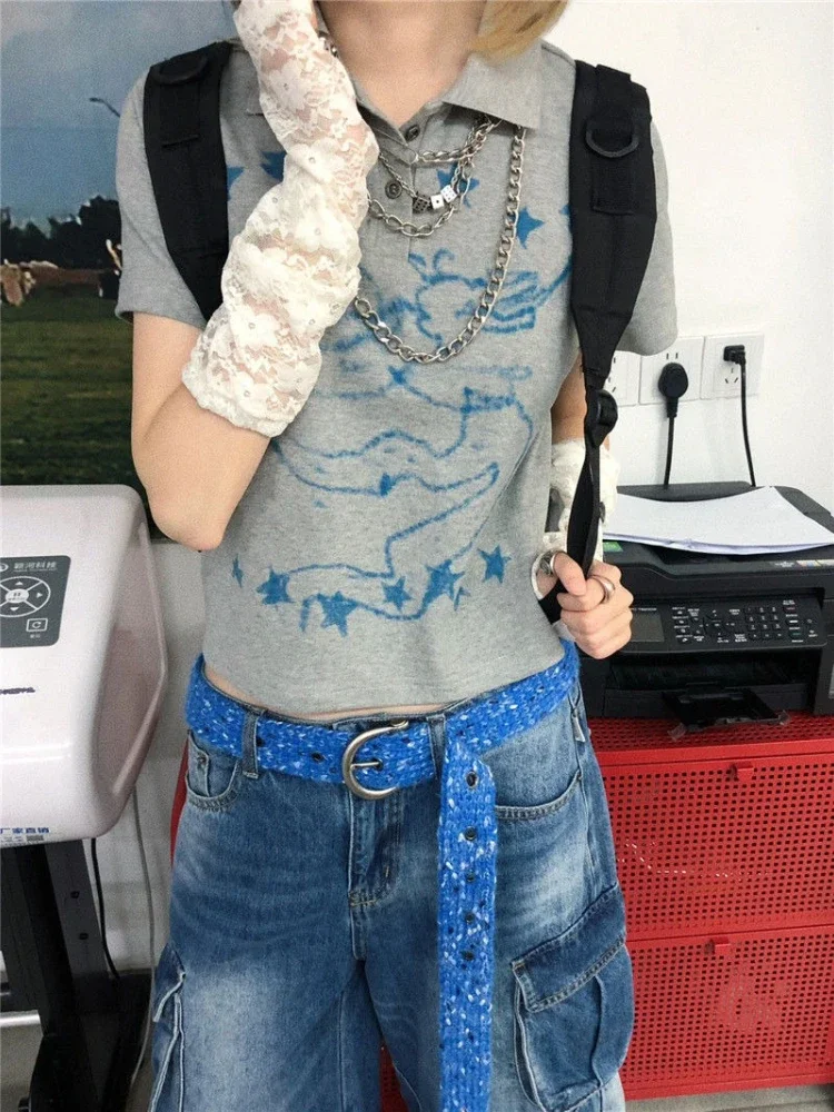 Deeptown Gray Cartoon Print Women Cropped T-Shirts Y2k Short Sleeve Polo Collar American Vintage Tee Slim Harajuku Casual Summer