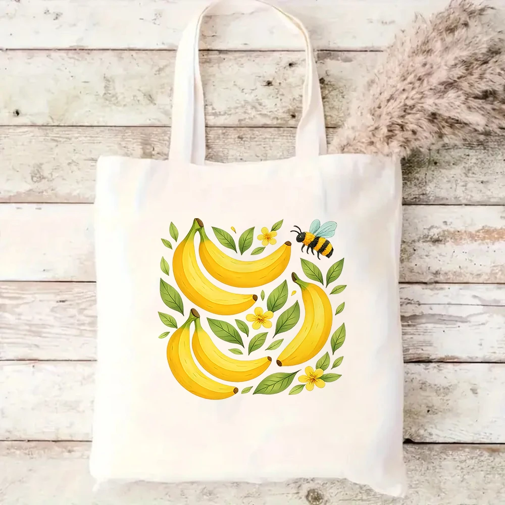 Cute Banana Canvas Tote Bag Fruit Honey Bee Printed Shoulder Handbag Large Capacity Casual Eco Reusable Shopper Bags for Women