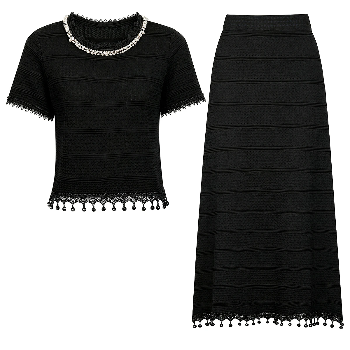 Elegant Socialite Style Lace Tassel Bead Knitted Round Neck Short Sleeved Mid Length Skirt Women's 2026 Summer New Commuting Set