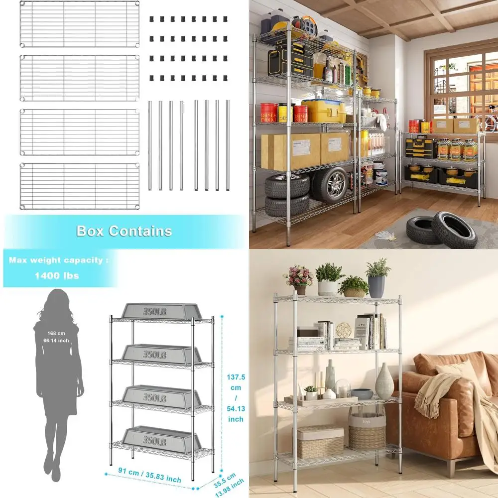 頑丈な4段調節可能なメタルワイヤーシェルフユニット、クロム仕上げ