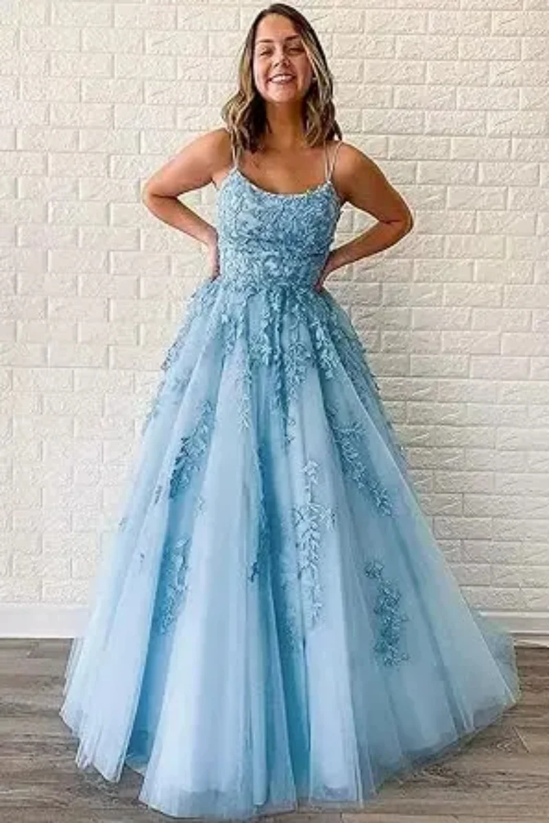 Tulle Spaghetti Straps Prom Dresses Long Lace Appliques Ball Gowns for Women