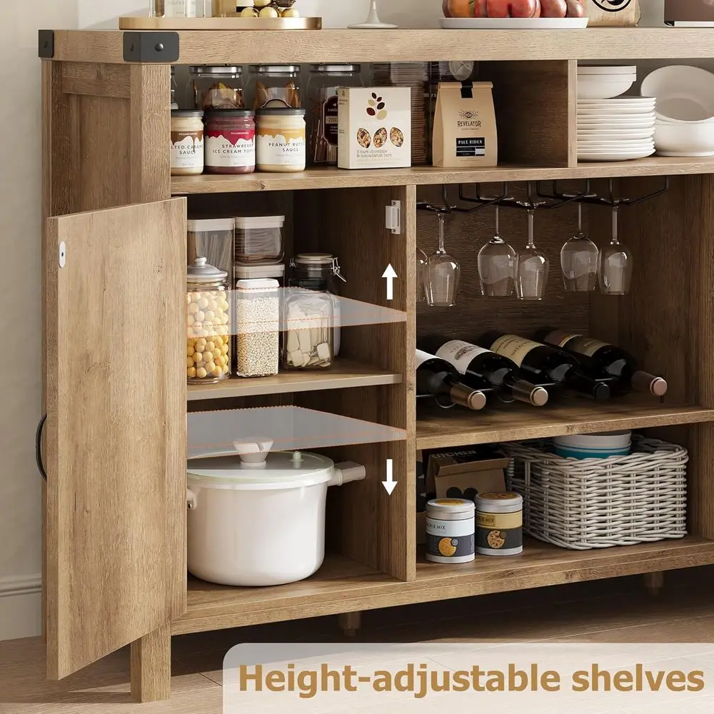 Mobile Bar in Rattan con Porta Scorrevole e Ripiani Regolabili per Cucina e Sala da Pranzo