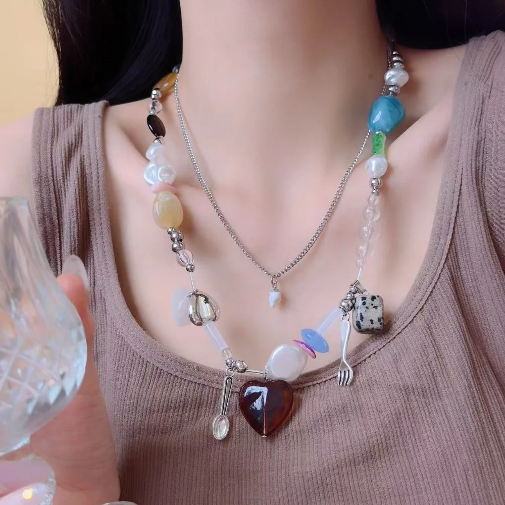 2 قطعة بسيطة طبقة مزدوجة على شكل قلب قلادة قلادة شوكة ملعقة غير النظامية حجر قلادة معدنية خمر سلسلة الترقوة يؤرخ