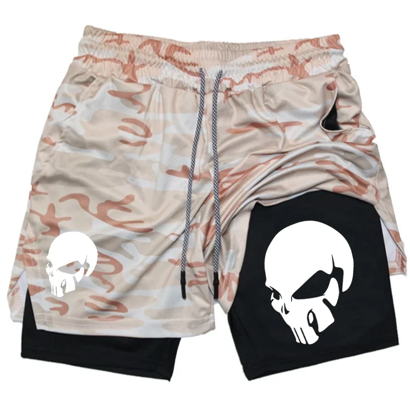 Skeleton Print 2 in 1 Gym Workout Shorts for Men Quick Dry Stretchy Athletic Compression Shorts Fitness Running Jogging