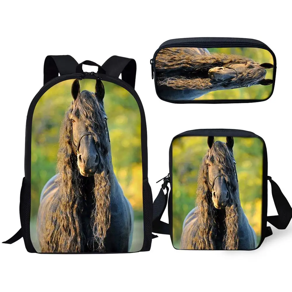 Harajuku Youthful Peculiar Friesian Horse 3D Print 3pcs/Set Student Travel bags Laptop Daypack Backpack Shoulder Bag Pencil Case