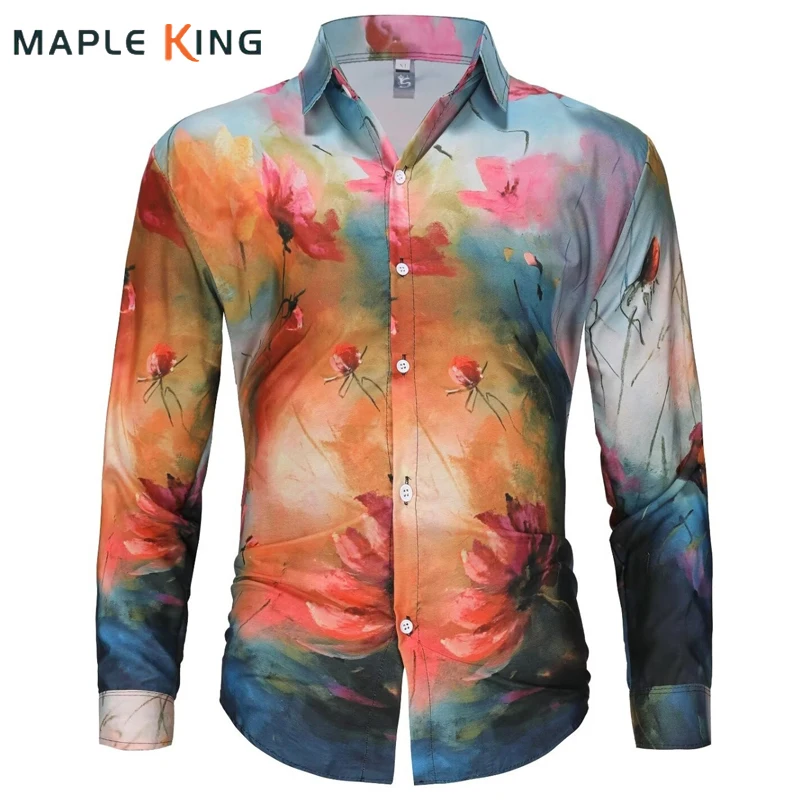 

Floral Print Gradient Color Mens Hawaiian Shirt Cheap Tops 2025 Vintage Long Sleeve Elegant Shirts for Man Camisas Masculina