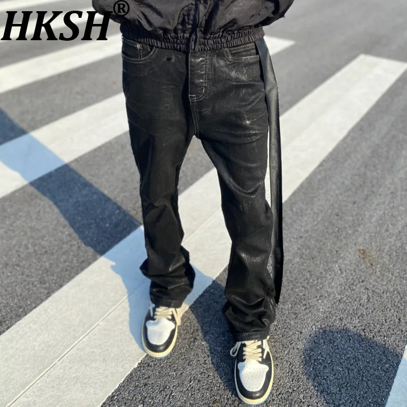 

HKSH Высокая версия RO Стиль Вощеные джинсовые брюки ручной работы Vibe Расклешенные широкие брюки с эластичной лентой Уличная одежда Джинсы Chic Ins Dark HK16882