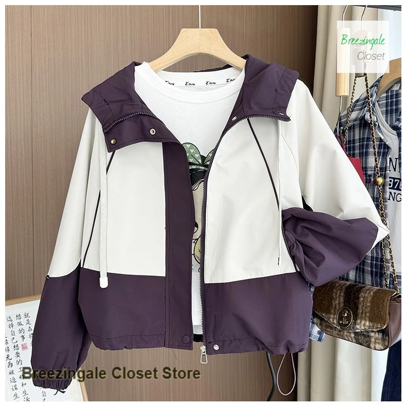 

Korean style stitching contrast hooded jacket women's spring and autumn new loose casual short slim casual sports jacket