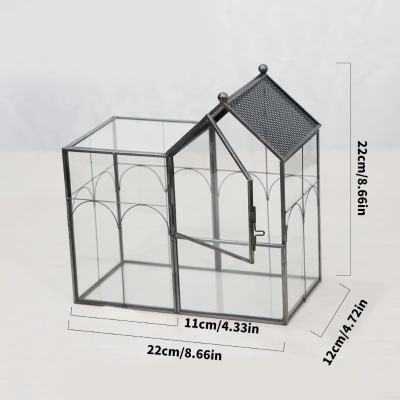 Glas-Terrarium-Ausstellungshaus mit schwarzem Rahmen und Öffnungsplatte für Blumenarrangements, Platzierung auf der Fensterbank – Detail 6