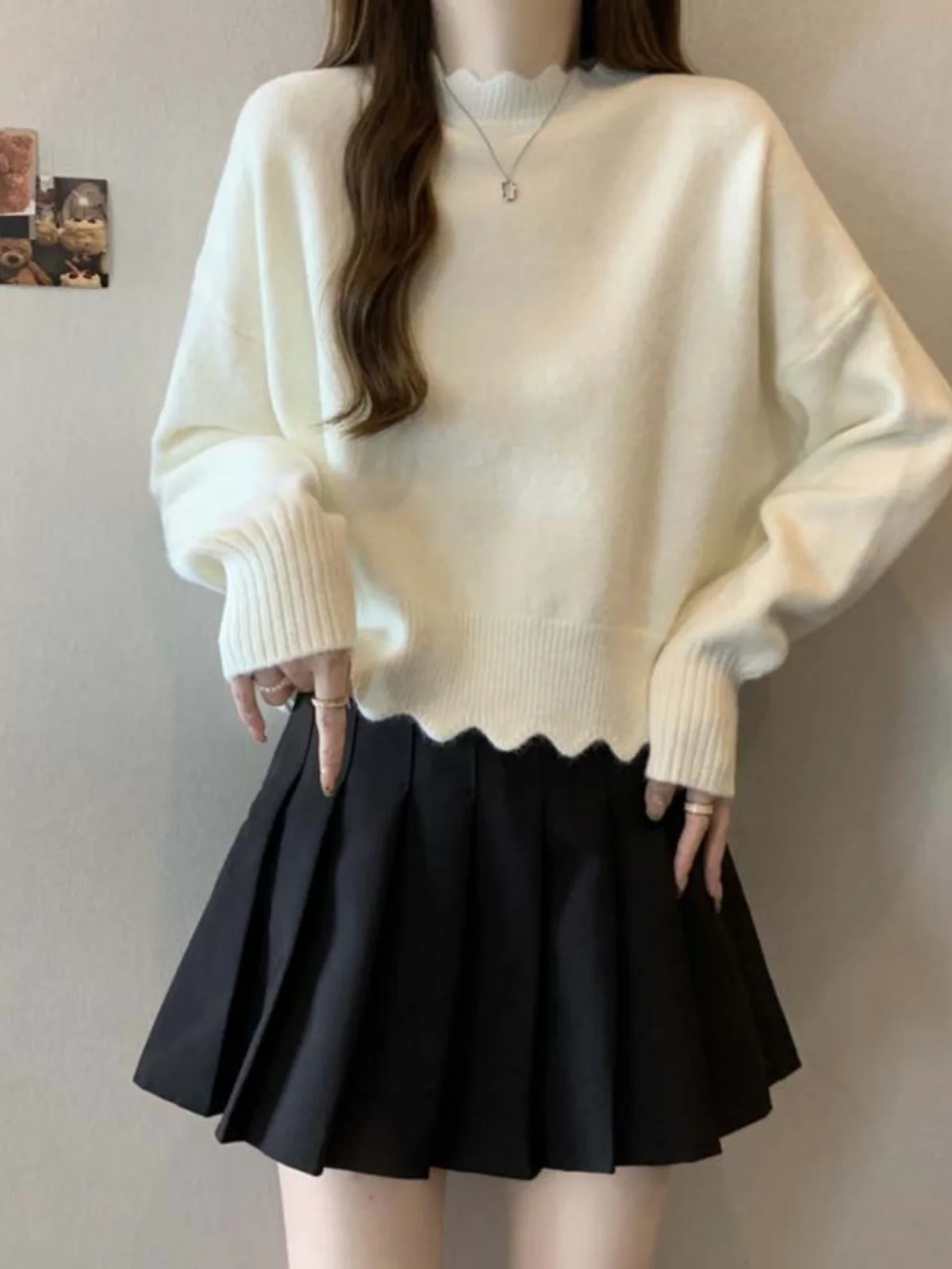 

Женский вязаный свитер с высоким воротником, свободного кроя, из мягкого хлопка, с длинными рукавами, с цветочным кружевом на плечах, осенне-зимняя повседневная одежда