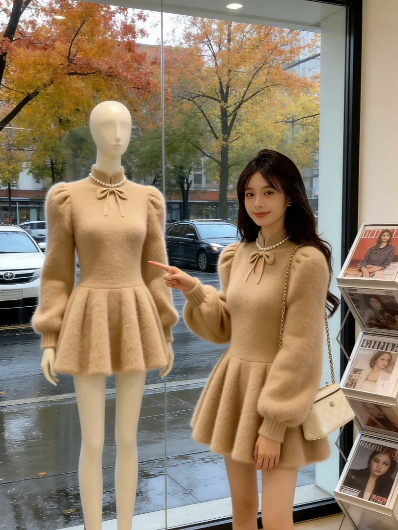 

Spring 2026 Knitted Knot Dr Women's Winter Bubble Sve Waist Cinching A-Line Skirt Casual Sle Polyester Fiber