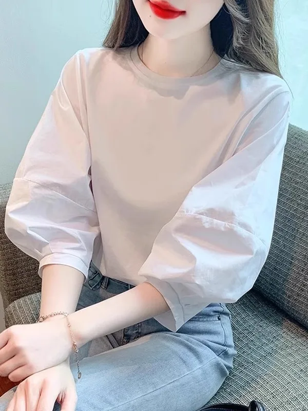 

Женская свободная футболка с рукавами-фонариками и круглым вырезом, универсальный топ для похудения в корейском стиле, с рукавами-фонариками, повседневная летняя новинка