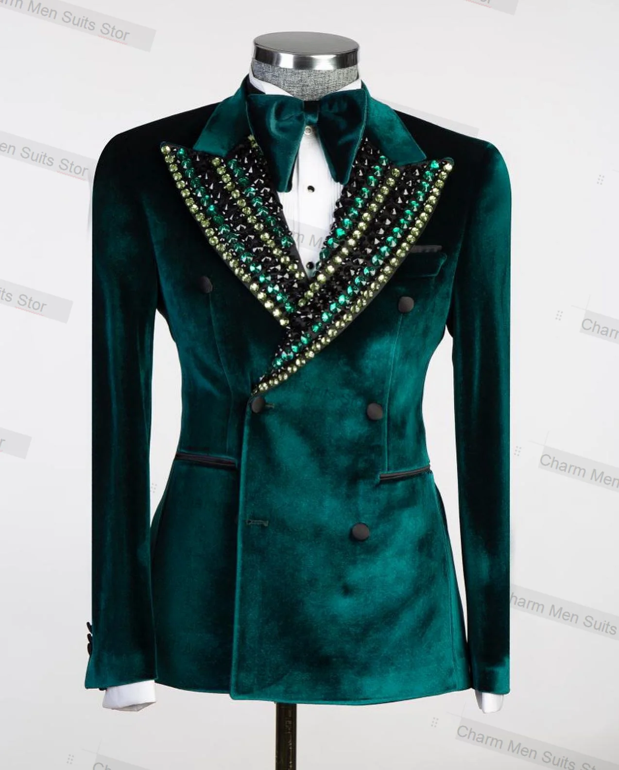 

Green Velvet Men Suits Set 2 Piece Blazer+Pants Custom Made Jacket Formal Office Business Groom Wedding Tuxedo Crystals Coat