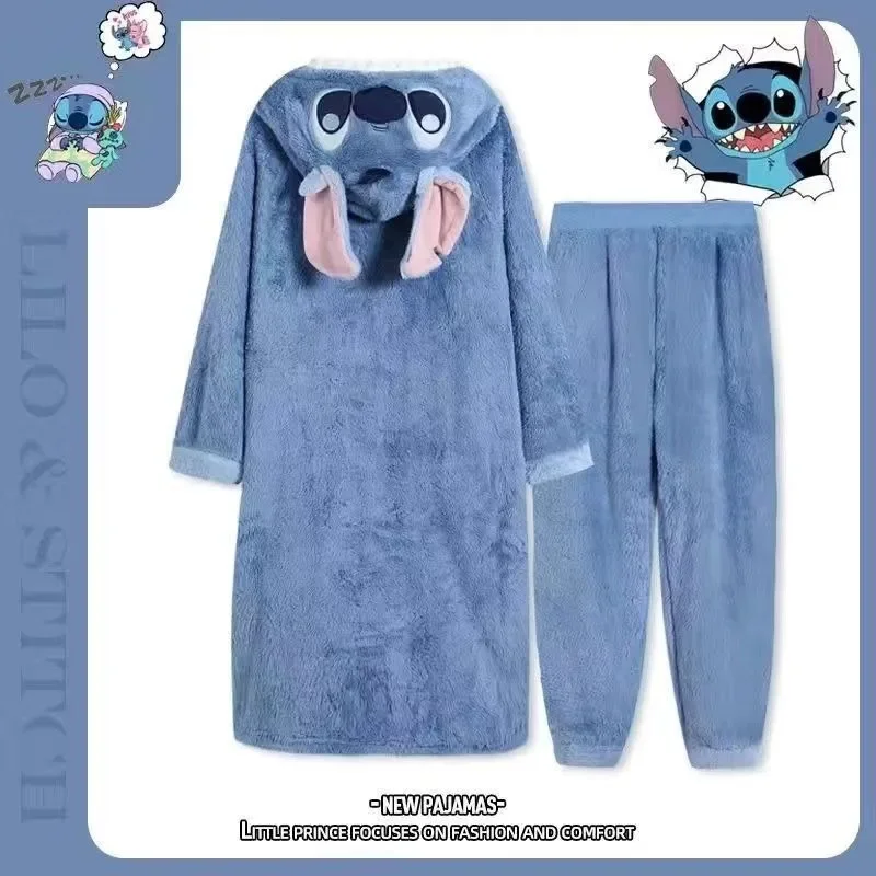 Kawaii Stitch Coral Fleece Robe Trousers Suit MINISO Anime Lovely Keep Warm Couples Dress Leisure Time Easy Leisure Wear New