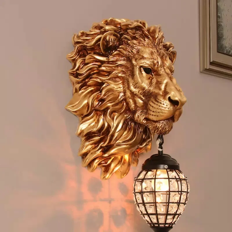 Vintage Lion Wall Lamp Crystal Wall Sconce Mirrror Lights for European Home Decor Living Room Bedroom Lamp LED Lighting Fixtures