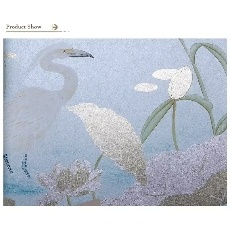Dynamic Crane & Lotus Chinese Style Gilded Hand-made Oriental Wallpaper