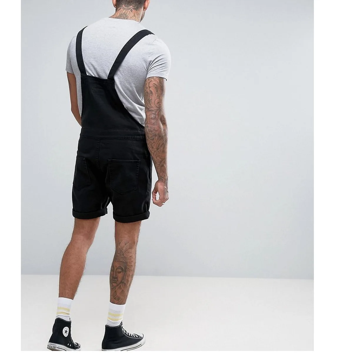 Vintage Men Jeans Denim Black Shorts One-piece Overalls Suspenders Streetwear Men Jumpsuit Pants