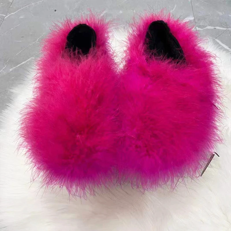 Bright Pink Fur Loafers Women Chic Fuffy Flats Ladies Winter Warm Plush Feather Shoes