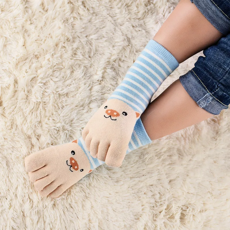 5 Pairs Cute Children\'s Five Finger Socks Pure Cotton Breathable Funny Animals Cartoon Socks with Toes 3-7-10Y Baby Boys Girls