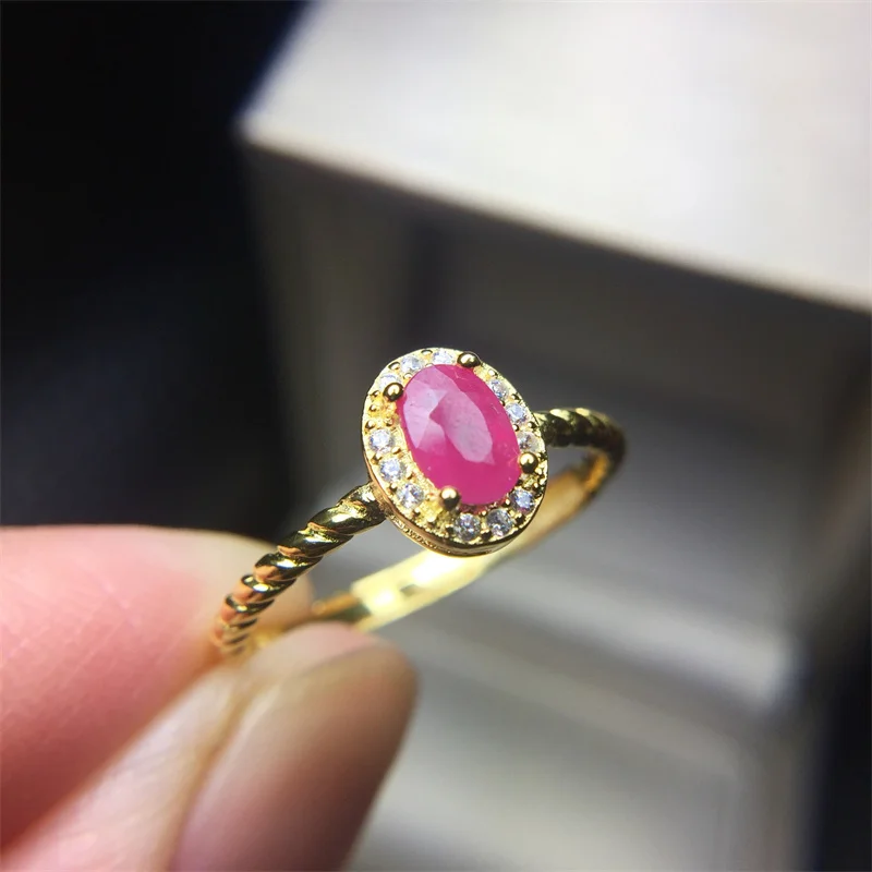 

Authentic 925 Sterling Silver Wedding Ring Natural Ruby Gemstone 18k Yellow Gold Bridal Birthday Anniversary Elegant