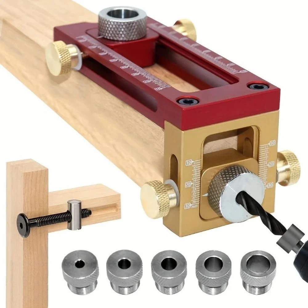 2 In 1 Drill Guide Doweling Jig Bed Cabinet Screw Punch Locator Woodworking Hole Drill Bit Set 5-Hole 6/8/10/12/15mm Pin Fixture