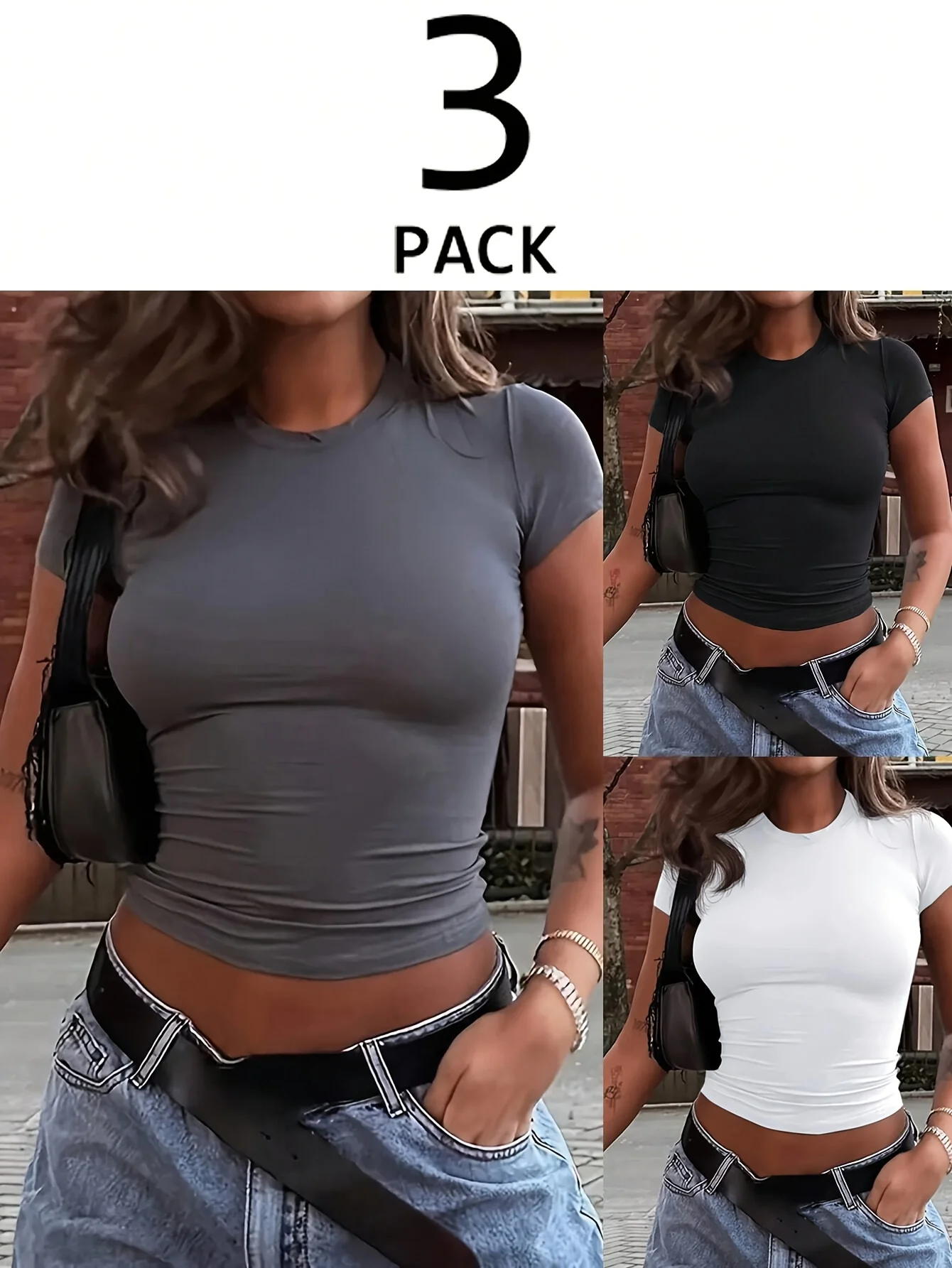3 Stück Damen Slim Fit Kurzarm T-Shirts Elegant Rundhalsausschnitt Casual T-Shirt Damen Y2k Vintage Basic Tees 2025 Damenbekleidung