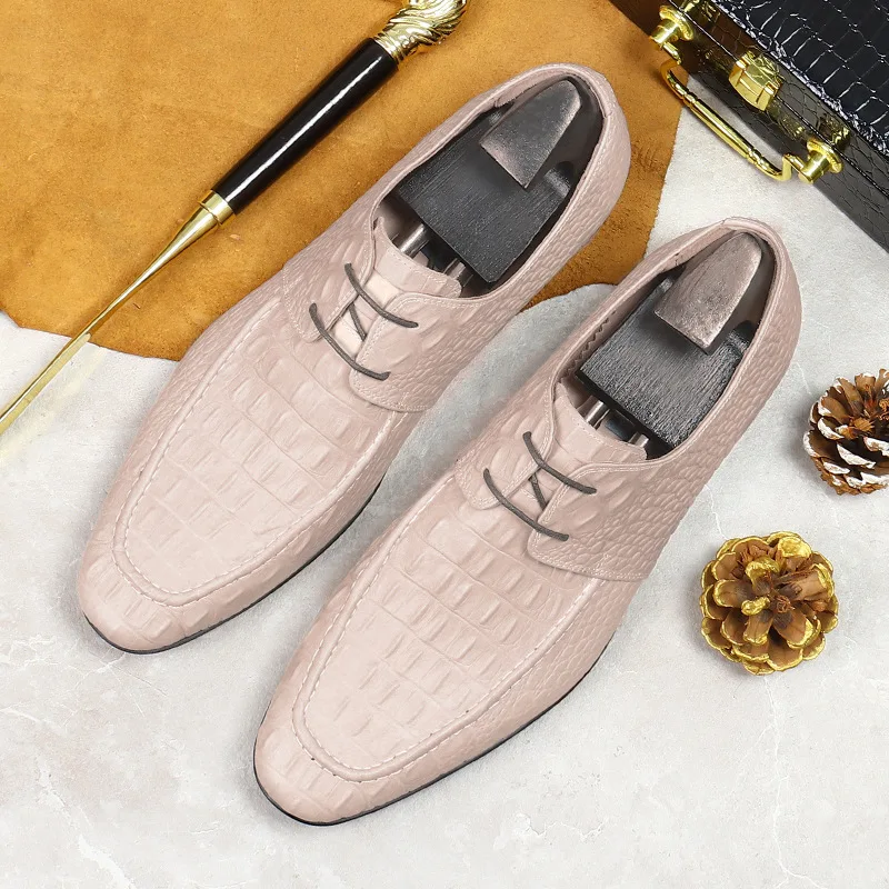 

Elegant Men Genuine Leather Business Derby Shoes Beige Crocodile Pattern Lace Up Men Leather Dress Shoes Plus Size 38-46