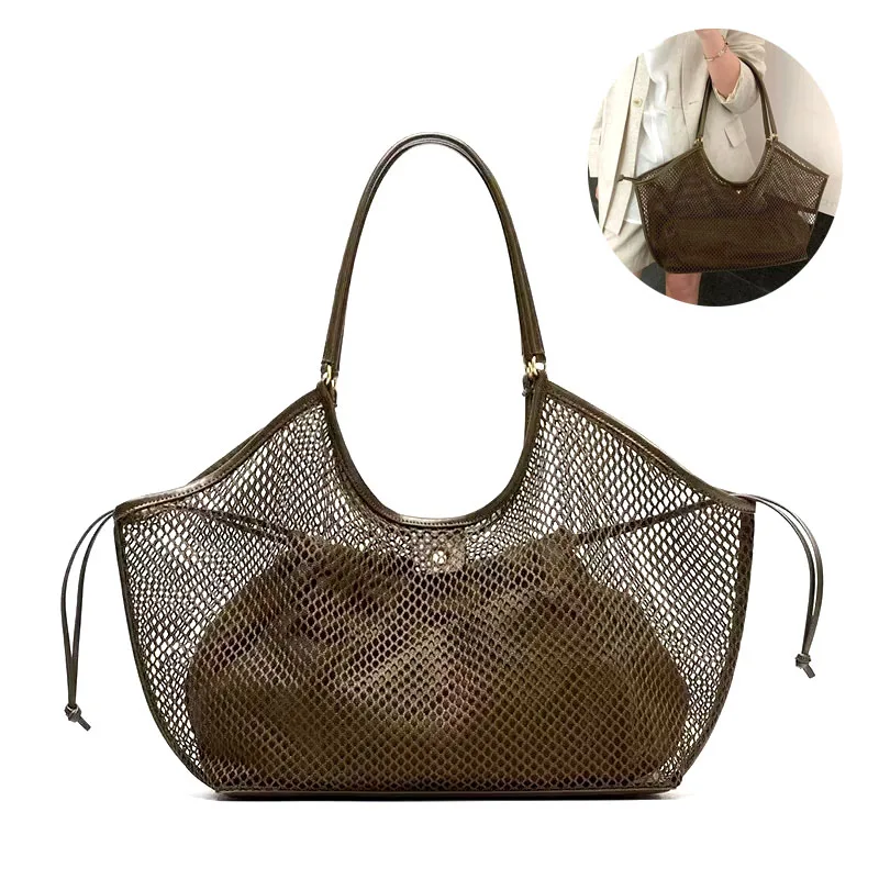 

Premium Brown Mesh Tote Bag with Leather Handles Large Capacity Designer Style Shoulder Bag for Women | Shopping Organizer
