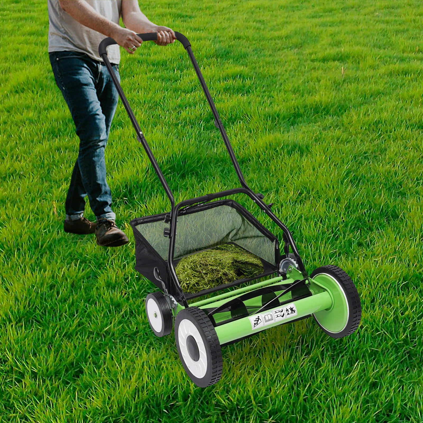 16-Inch 5-Blade Cordless Manual Reel Lawn Mower, Adjustable Cutting/ Handle Height Grass Cutter with Grass Catcher, Green