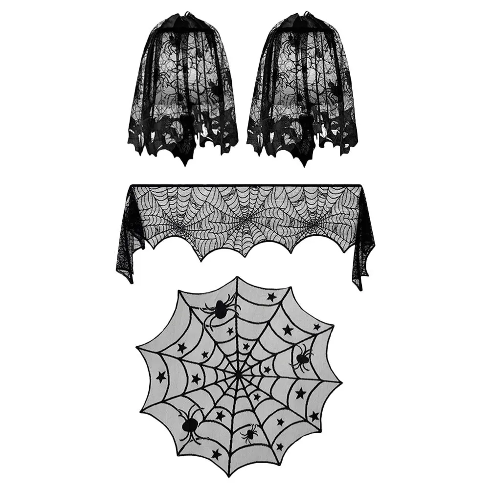 

4Pcs Halloween Spider Web Lace Fireplace Cloth Tablecloth Lampshade Set Black Washable Party Decor Halloween Tablecloth