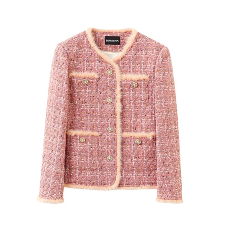 

Autumn Winter New O Neck Sweet Warm Down Liner Pink Fragrance Short Coat Women's High Quality Loose Plaid Wild Tweed Lady Coat