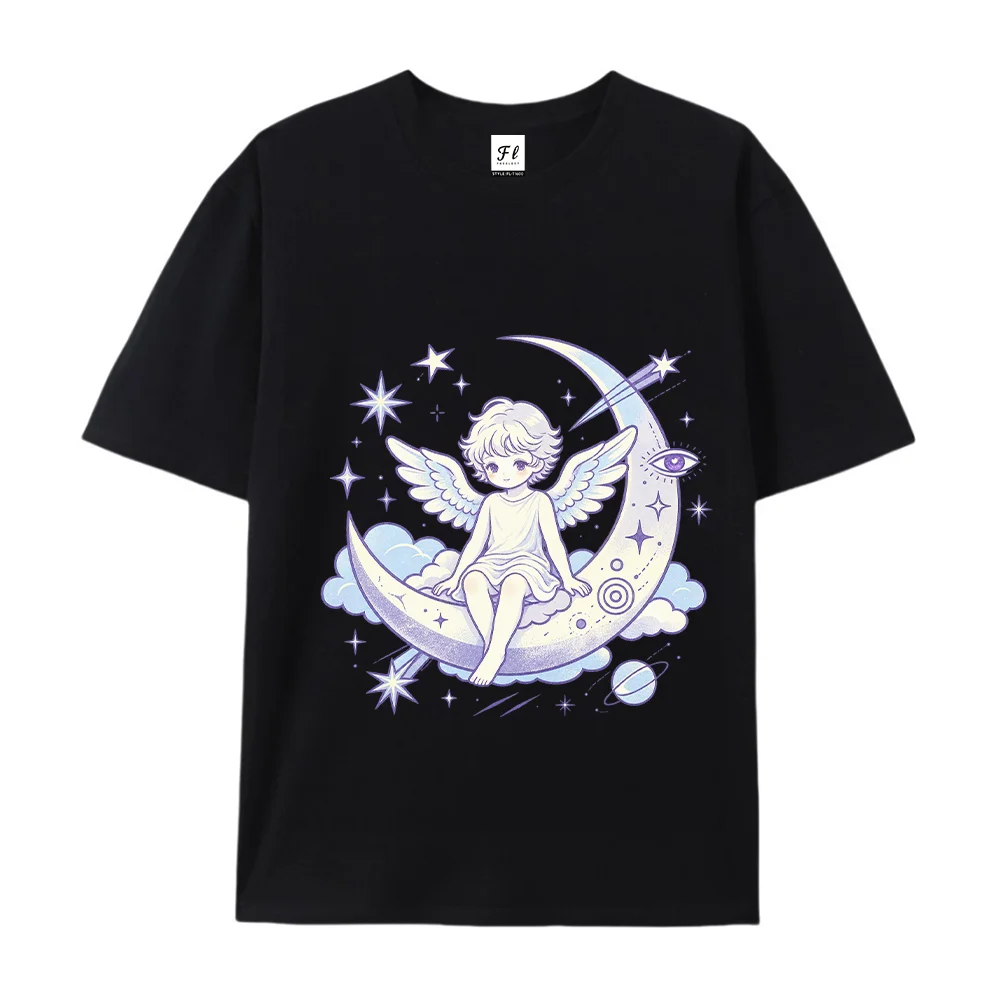 Women Tshirts Cute Angel Sit On Crescent Moon Graphic Tee Celestial Star Galaxy Mystic Eye Print Casual Loose Short Sleeve Tops