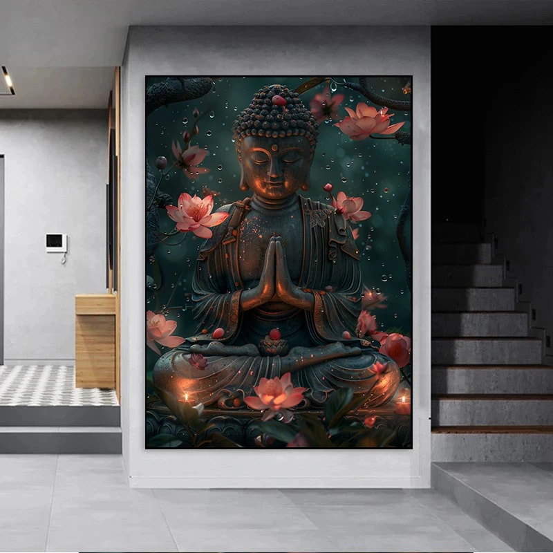 Religious Buddha with Lotus Flowers Wall Art Canvas Painting Buddhism Buddha Sculpture Poster Prints for Living Room Home Decor
