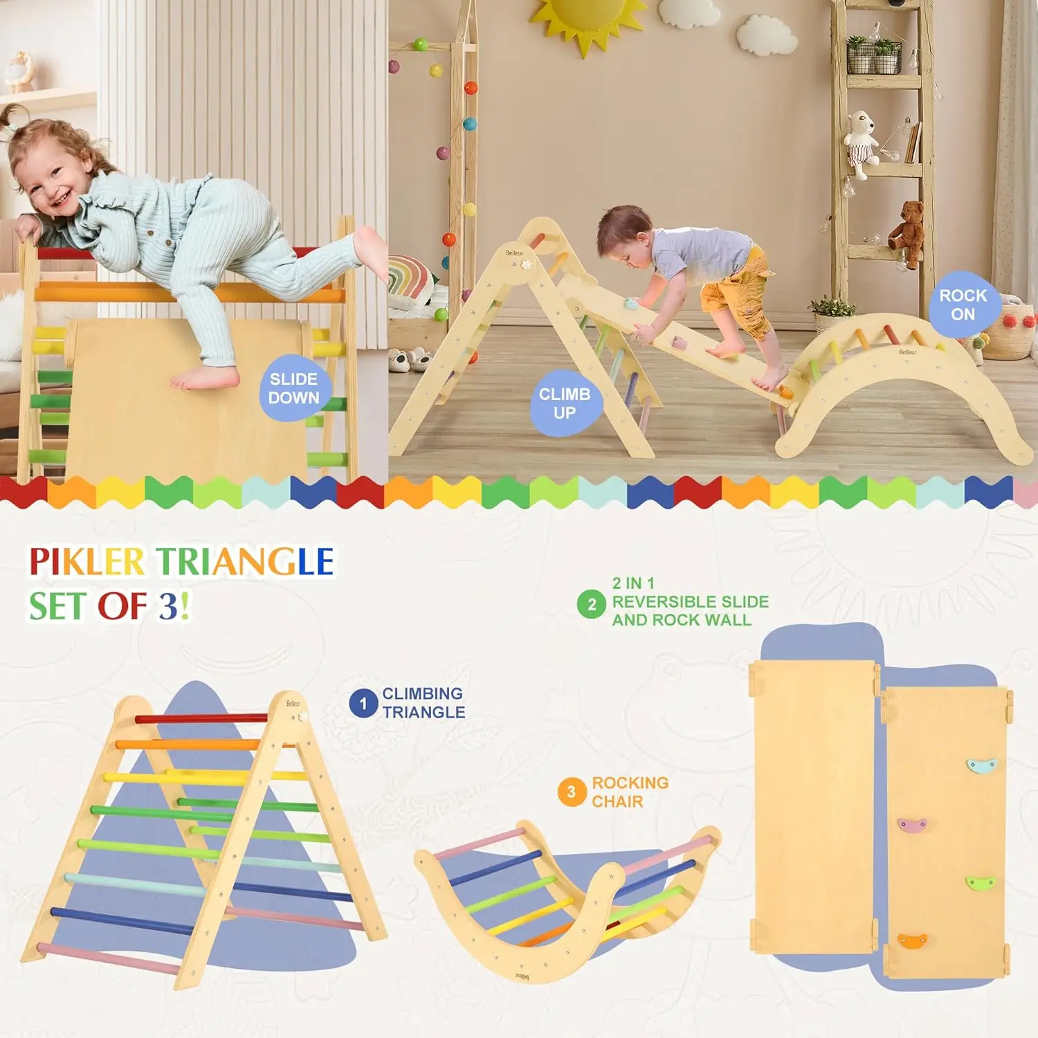 Triangle Set, Foldable Toddler Climbing Toys Indoor, Montessori Climbing Set with Ramp, Arch & Climbing Trian