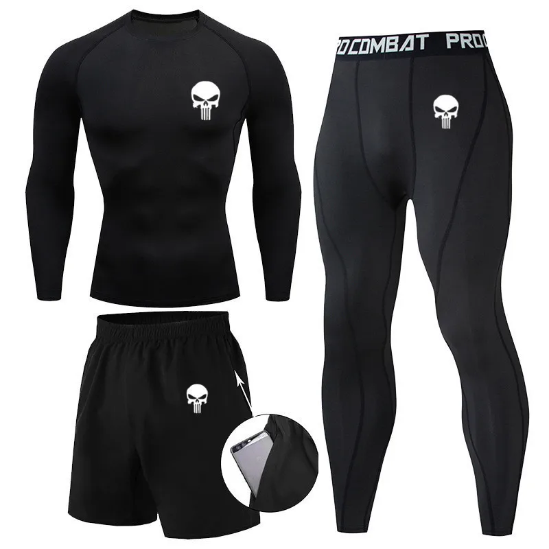 Men Compression Set MMA  Short Sleeve T-shirt Men's Tight Pants Fitness Bodybuilding Clothes Skull Rashguard Sports Suits