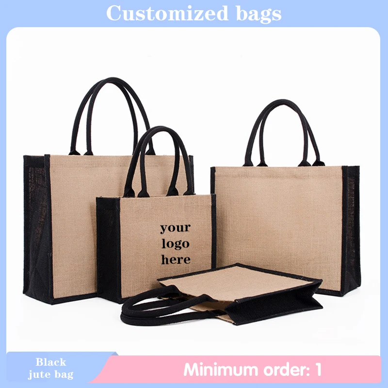 Custom Logo Casual Eco-friendly Black Jute Bag Reusable Commuter Travel Large Capacity One Shoulder Handheld Shopping Sack Bag