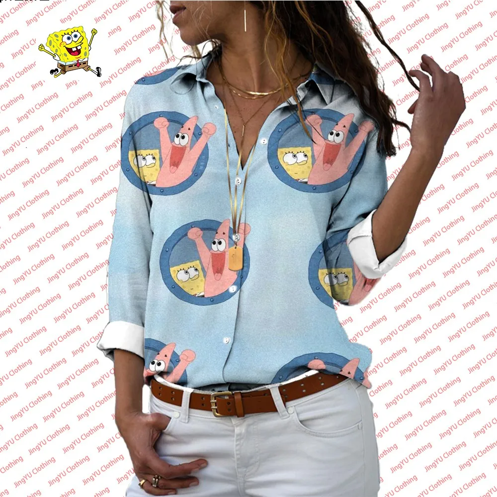 3D Fashion Trend Comfortable and Versatile Casual Shirt SpongeBob Cartoon Printed Ladies Long Sleeve Lapel Shirt