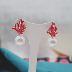 Summer Beach Jewelry Small Fresh Simple Three-dimensional Fashion Baked Paint Coral Trendy Elegant Pearl Earrings Dangle Charm