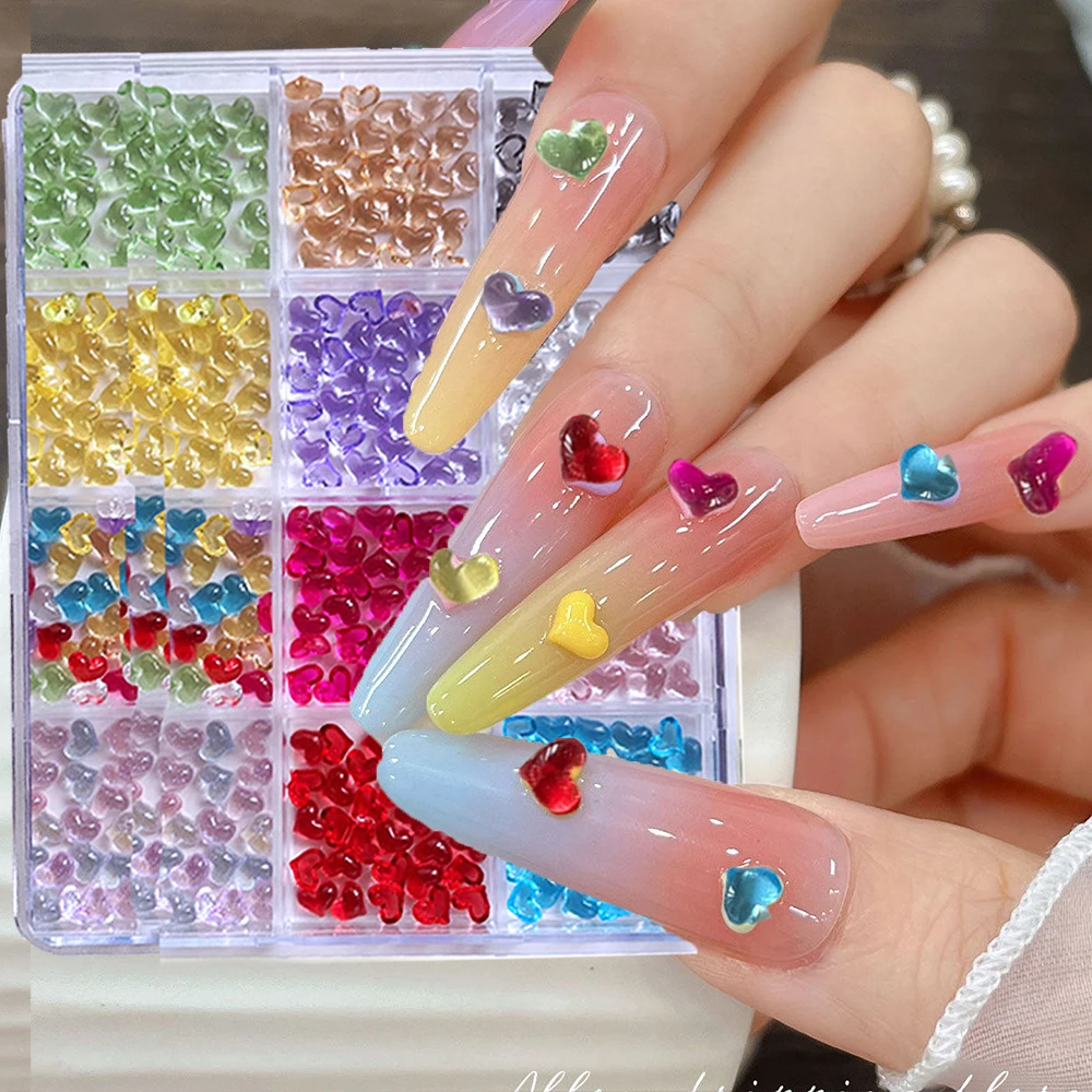 12Grids Ice-Transparent Colors Love Heart Nail Art Pink/Purpl/Blue Jelly Heart Nail Charms 5*5mm Cute Love Heart Manicure Parts