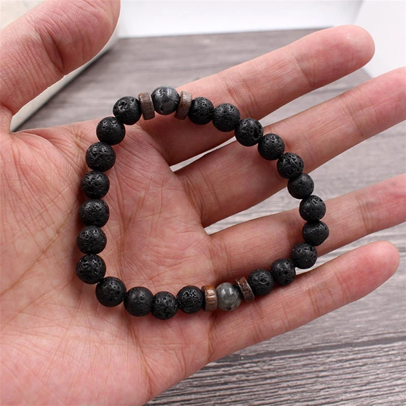 Imagen 7: Pulsera de Cuentas de Piedra Volcánica Elástica Hecha a Mano de 8 mm para Hombre, Joyería Tibetana con Cuentas de Madera y Buda