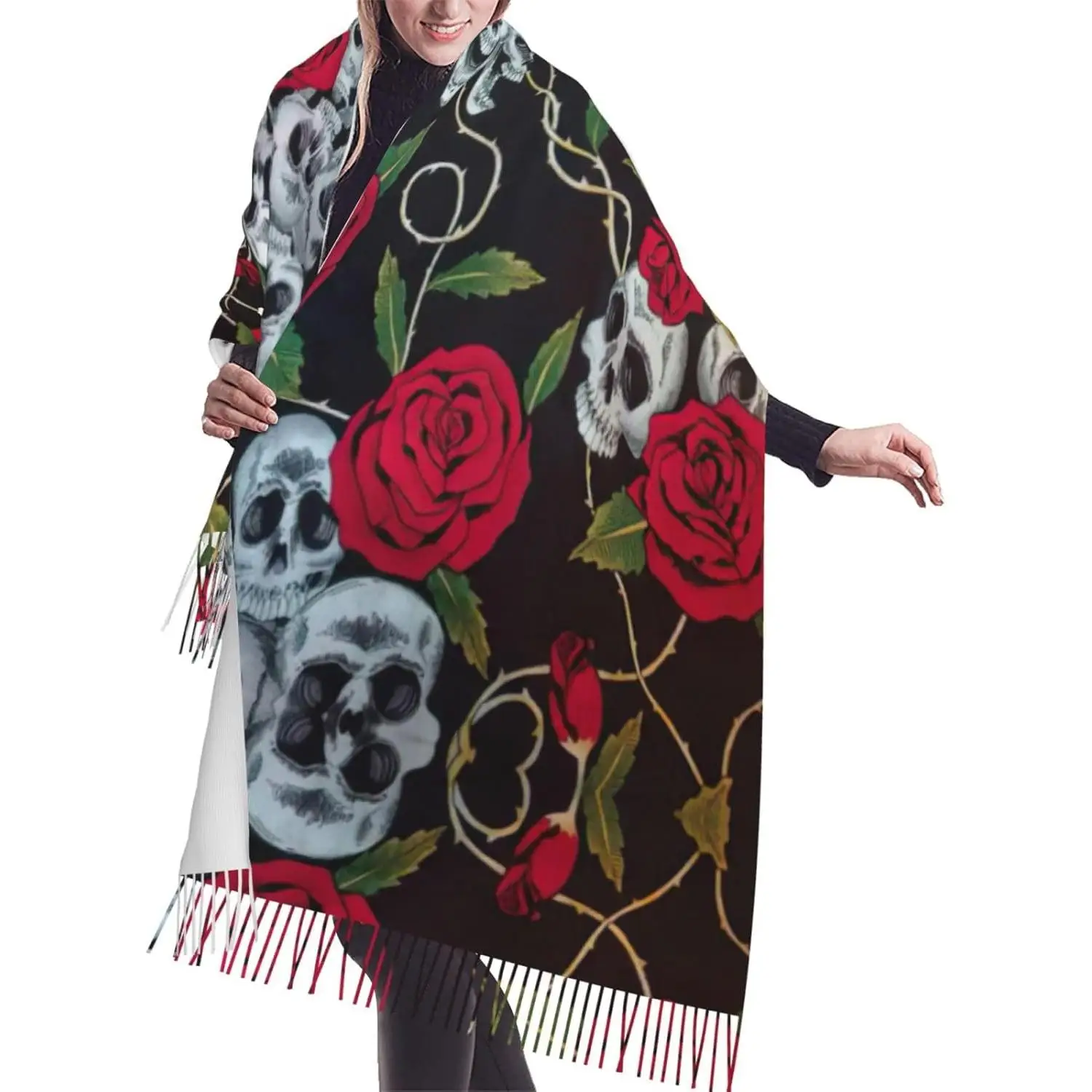 

Rose Skull Eyes Print Fringed Scarf Lightweight Women'S Fashion Scarf Soft Wrap Shawl Tassel Scarf Gift