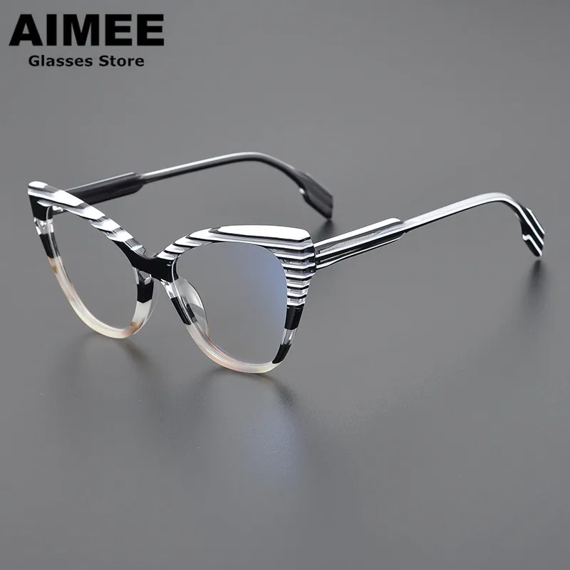 Acetate Glasses Frame Personality Handmade Optical Eyeglasses Women Fashion Cat Eye Myopia Eyewear Men's Blue Light Gafas Lens