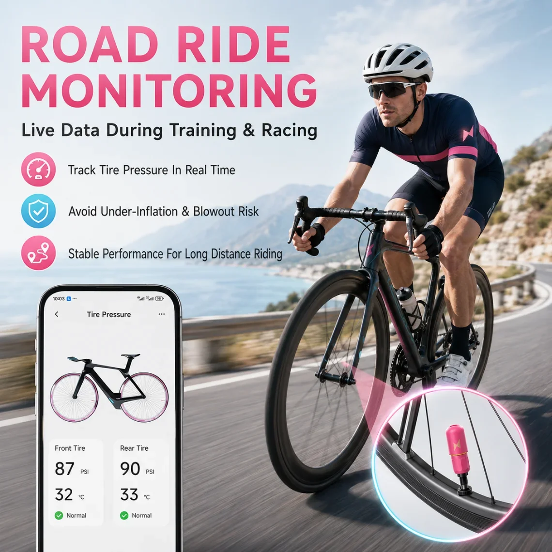 Bike TPMS Sensor IPX9K Waterproof 0-150PSI App Control Tire Pressure Temperature Monitor Road Bicycle Cycling Accessories