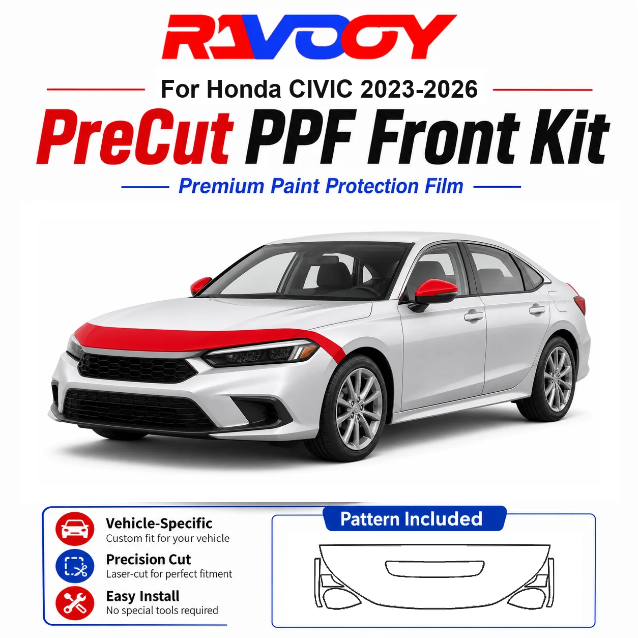 Kit de Película Protetora (PPF) de TPU Pré-Cortada de 8.5mil para Honda CIVIC 2023-2026 - Conjunto para Capô, Para-lamas e Espelhos - Película Transparente Autorregenerativa
